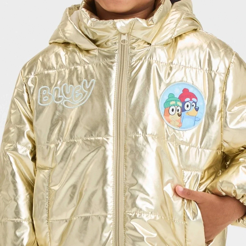 Bluey Girls 12 Month Girls Puffer Jacket Coat Gold Warm Hooded NEW